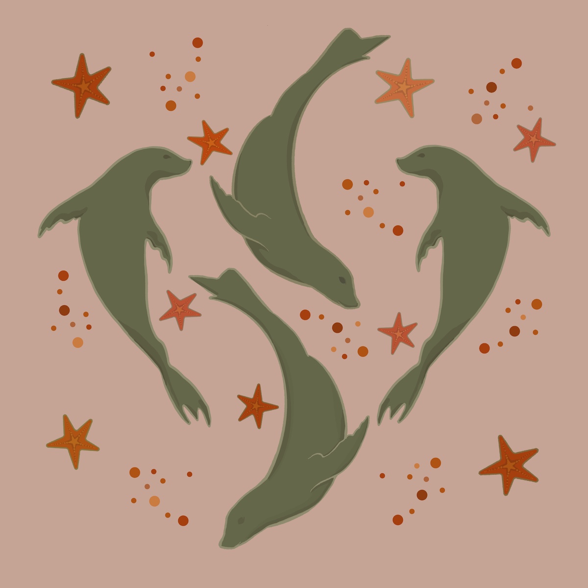 Seals and Sea stars greetings card